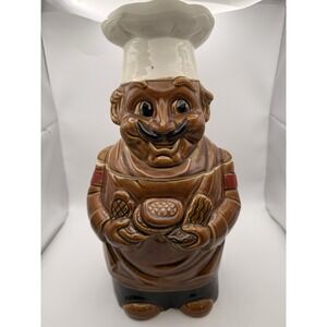 BROWN GLAZE CHEF HAT BAKER PASTRY COOKIE JAR MADE IN JAPAN 12 INCHES TALL